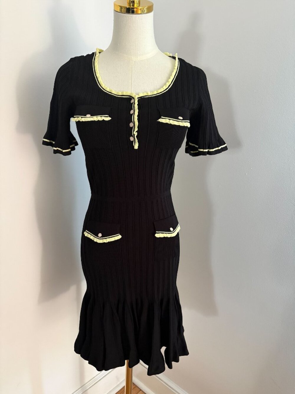 NWT Sandro Paris Black and Citrus Piping Ruffle Knit A-Line Dress Size US 6